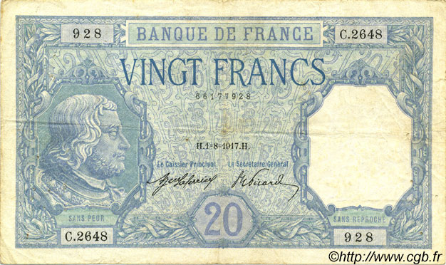 20 Francs BAYARD FRANCE  1917 F.11.02 F - VF