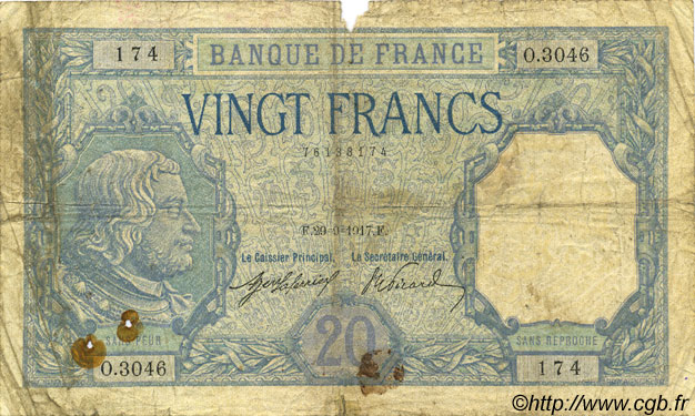 20 Francs BAYARD FRANKREICH  1917 F.11.02 SGE