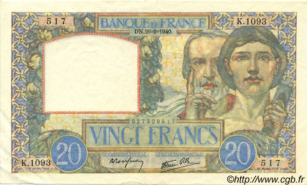 20 Francs TRAVAIL ET SCIENCE FRANCIA  1940 F.12.07 SPL