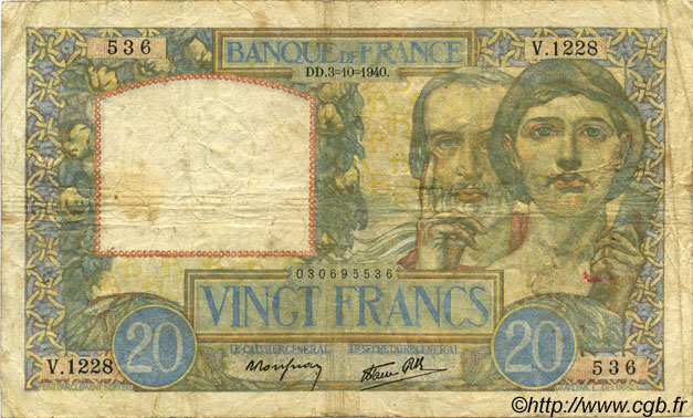 20 Francs TRAVAIL ET SCIENCE FRANKREICH  1940 F.12.08 fS