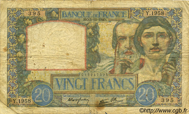 20 Francs TRAVAIL ET SCIENCE FRANKREICH  1940 F.12.10 SGE