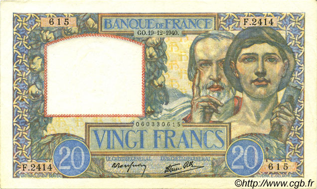 20 Francs TRAVAIL ET SCIENCE FRANKREICH  1940 F.12.11 VZ+