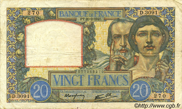 20 Francs TRAVAIL ET SCIENCE FRANCE  1941 F.12.12 F+
