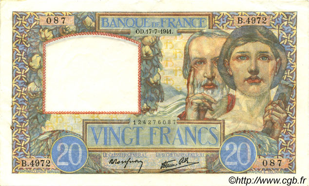 20 Francs TRAVAIL ET SCIENCE FRANCE  1941 F.12.16 XF