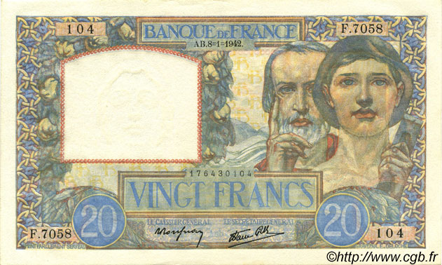 20 Francs TRAVAIL ET SCIENCE FRANCE  1942 F.12.21 UNC