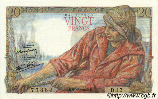 20 Francs PÊCHEUR FRANKREICH  1942 F.13.02 VZ