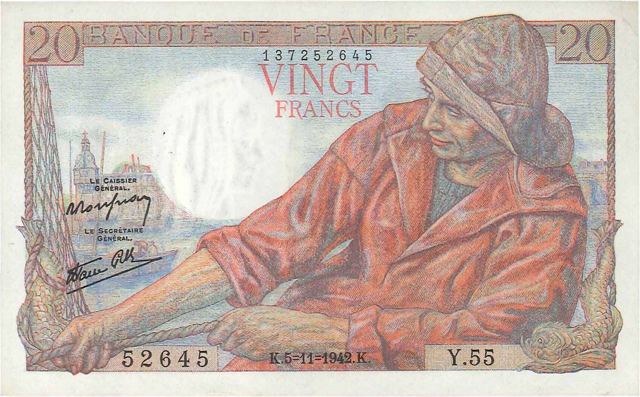 20 Francs PÊCHEUR FRANCIA  1942 F.13.04 q.FDC