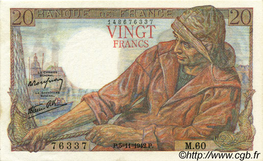 20 Francs PÊCHEUR FRANCE  1942 F.13.04 UNC-