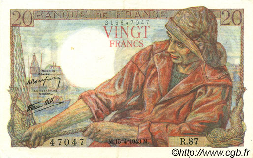 20 Francs PÊCHEUR FRANCIA  1943 F.13.06 EBC+