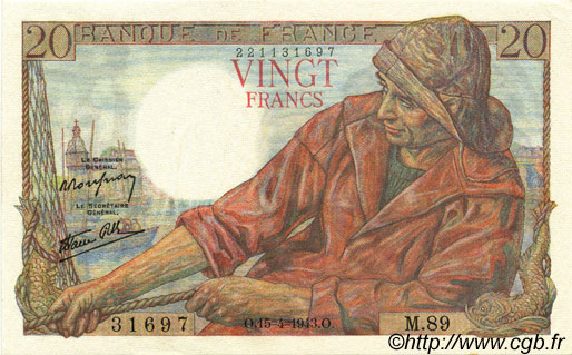 20 Francs PÊCHEUR FRANCIA  1943 F.13.06 q.AU