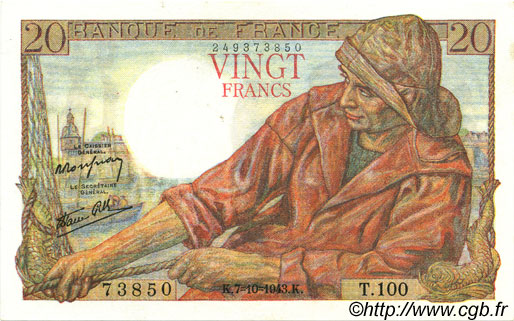 20 Francs PÊCHEUR FRANCIA  1943 F.13.07 EBC