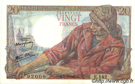 20 Francs PÊCHEUR FRANCE  1945 F.13.10 XF+