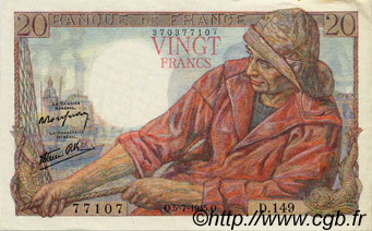 20 Francs PÊCHEUR FRANKREICH  1945 F.13.10 VZ