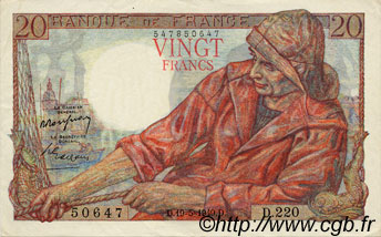 20 Francs PÊCHEUR FRANKREICH  1949 F.13.15 VZ+