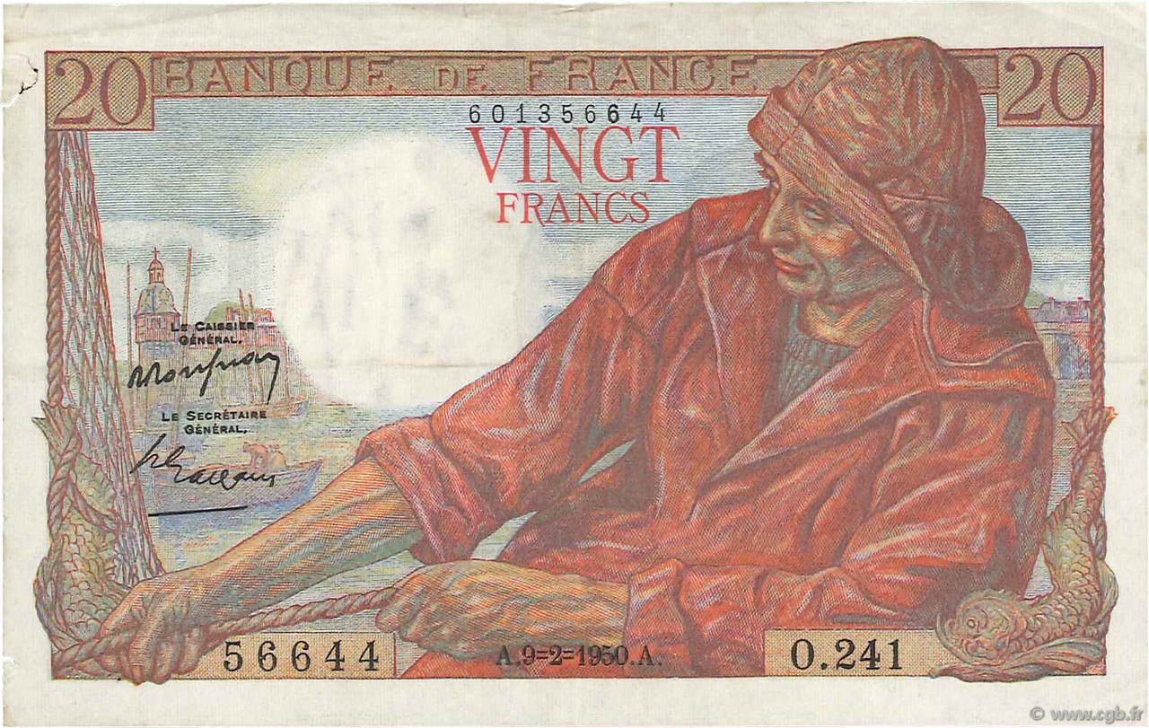 20 Francs PÊCHEUR FRANCE  1950 F.13.17 VF