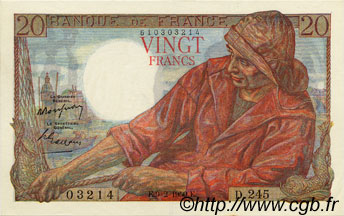 20 Francs PÊCHEUR FRANKREICH  1950 F.13.17 VZ+ to fST