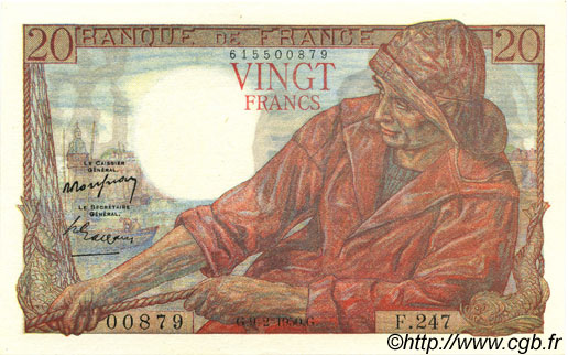 20 Francs PÊCHEUR Grand numéro FRANKREICH  1950 F.13.17a VZ to fST