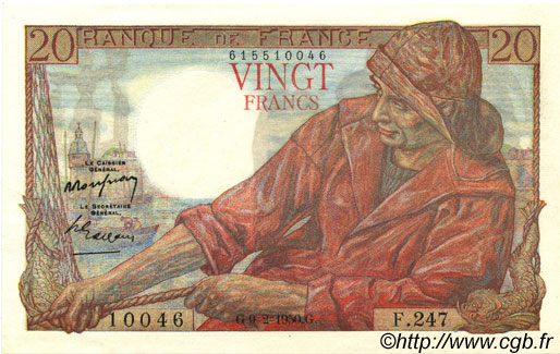 20 Francs PÊCHEUR Grand numéro FRANKREICH  1950 F.13.17a VZ to fST