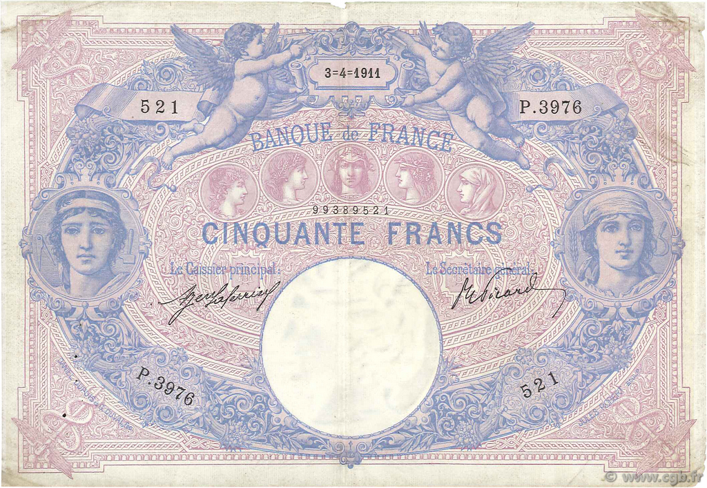 50 Francs BLEU ET ROSE FRANCE  1911 F.14.24 F+