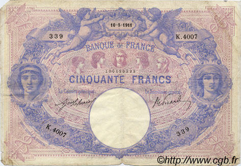 50 Francs BLEU ET ROSE FRANCE  1911 F.14.24 F
