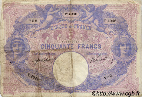 50 Francs BLEU ET ROSE FRANKREICH  1911 F.14.24 S