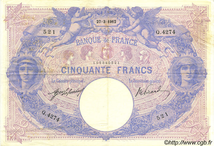 50 Francs BLEU ET ROSE FRANKREICH  1912 F.14.25 VZ