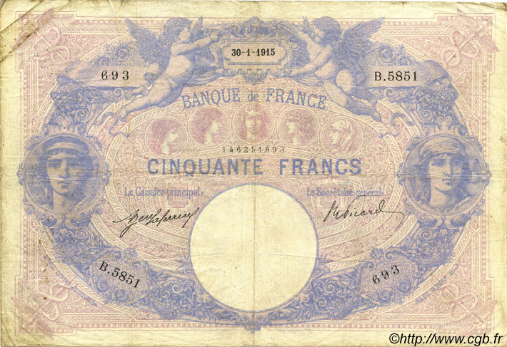 50 Francs BLEU ET ROSE FRANKREICH  1915 F.14.28 S
