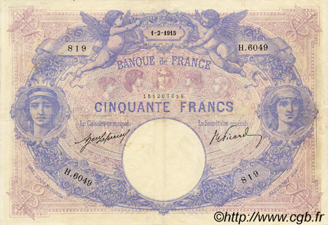 50 Francs BLEU ET ROSE FRANCIA  1915 F.14.28 q.BB