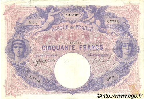 50 Francs BLEU ET ROSE FRANCE  1917 F.14.30 VF