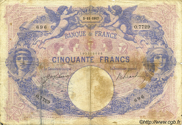 50 Francs BLEU ET ROSE FRANCIA  1917 F.14.30 RC+