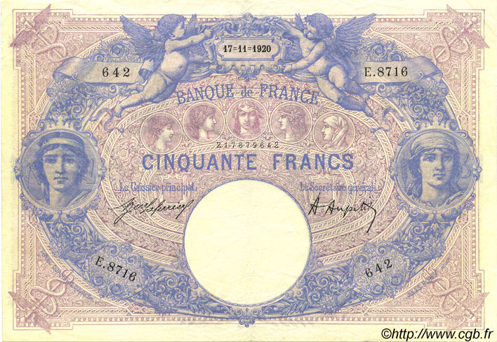 50 Francs BLEU ET ROSE FRANCIA  1920 F.14.33 q.SPL