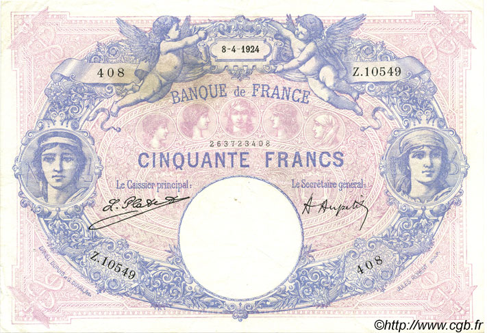 50 Francs BLEU ET ROSE FRANCE  1924 F.14.37 XF