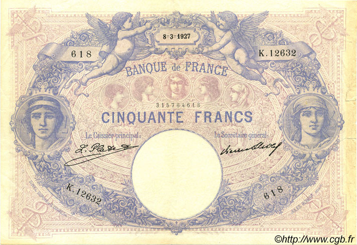 50 Francs BLEU ET ROSE FRANCIA  1927 F.14.40 q.SPL