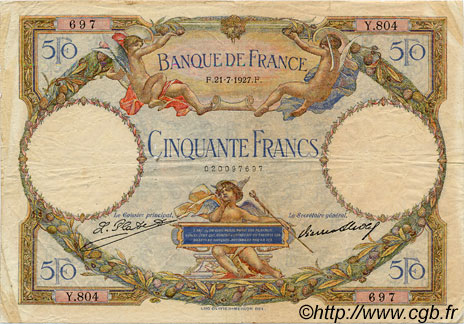 50 Francs LUC OLIVIER MERSON FRANKREICH  1927 F.15.01 fSS