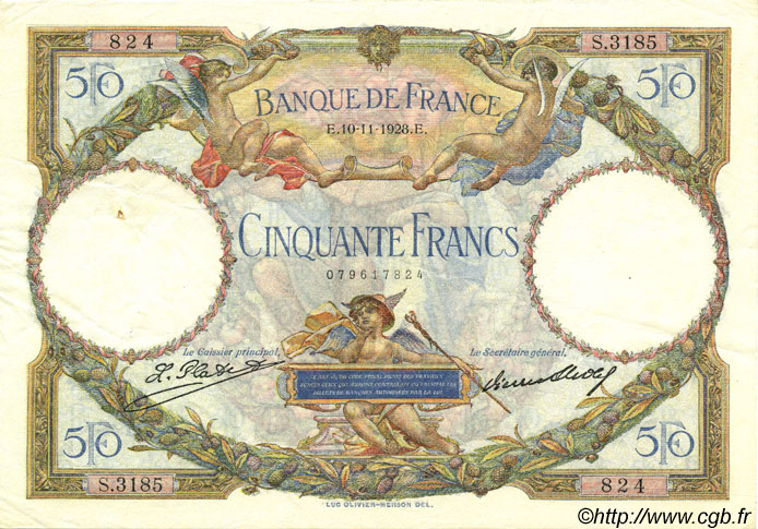 50 Francs LUC OLIVIER MERSON FRANKREICH  1928 F.15.02 VZ