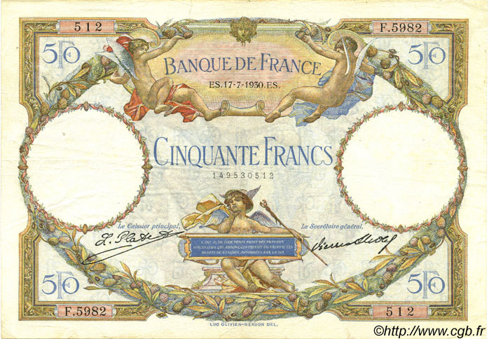 50 Francs LUC OLIVIER MERSON FRANCIA  1930 F.15.04 MBC+