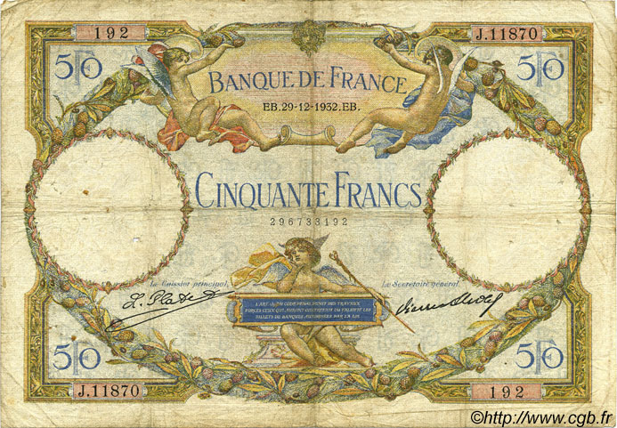 50 Francs LUC OLIVIER MERSON type modifié FRANCIA  1932 F.16.03 B a MB
