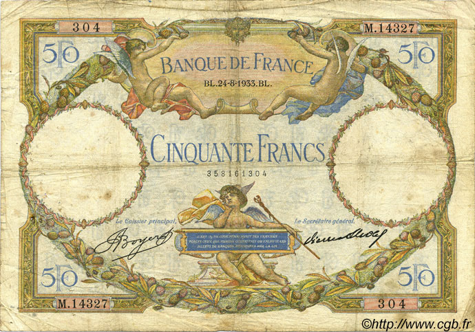 50 Francs LUC OLIVIER MERSON type modifié FRANCIA  1933 F.16.04 q.MB