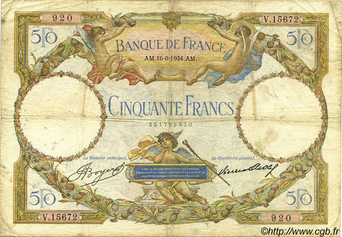 50 Francs LUC OLIVIER MERSON type modifié FRANCE  1934 F.16.05 VG