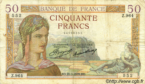 50 Francs CÉRÈS FRANKREICH  1935 F.17.06 S