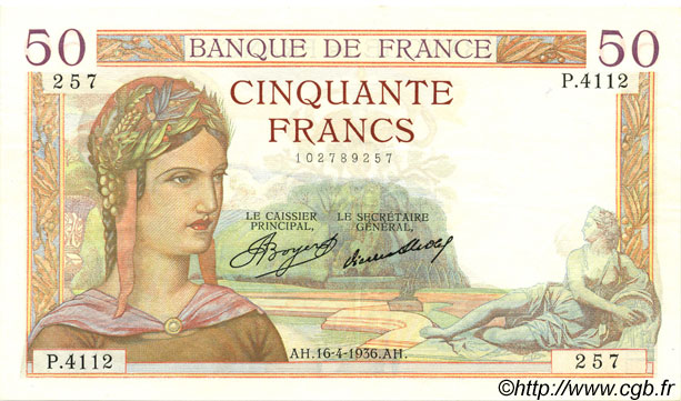 50 Francs CÉRÈS FRANKREICH  1936 F.17.24 VZ