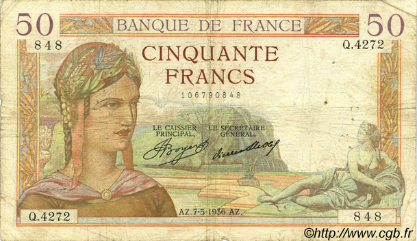 50 Francs CÉRÈS FRANCIA  1936 F.17.25 B