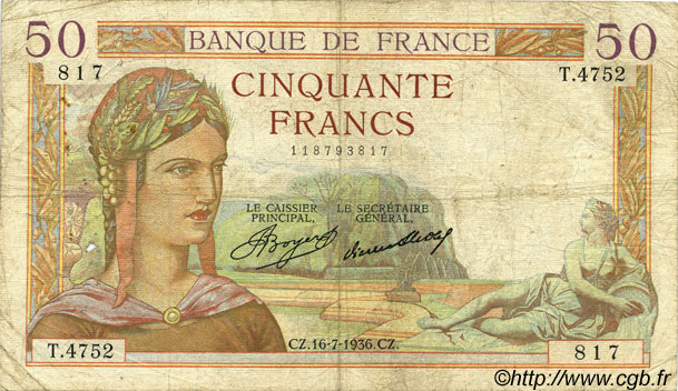 50 Francs CÉRÈS FRANCIA  1936 F.17.28 q.MB