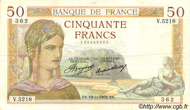 50 Francs CÉRÈS FRANCE  1936 F.17.31 VF+