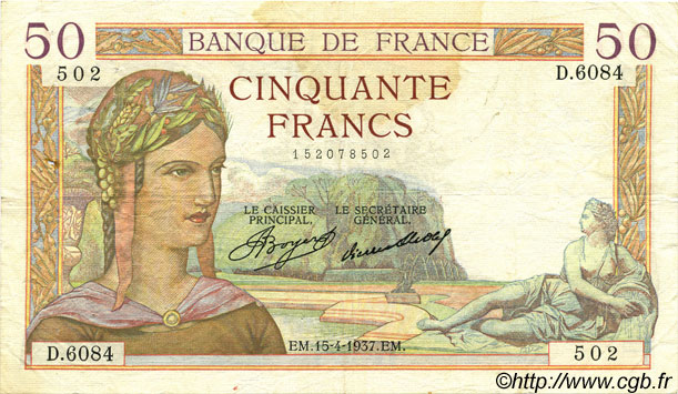 50 Francs CÉRÈS FRANCE  1937 F.17.37 TTB