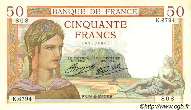 50 Francs CÉRÈS modifié FRANCIA  1937 F.18.02 AU