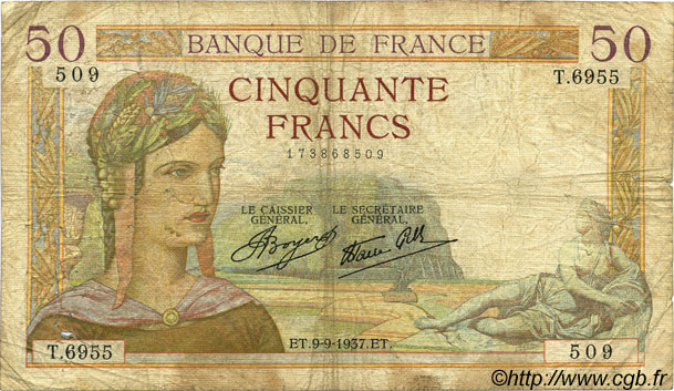 50 Francs CÉRÈS modifié FRANKREICH  1937 F.18.03 fSGE