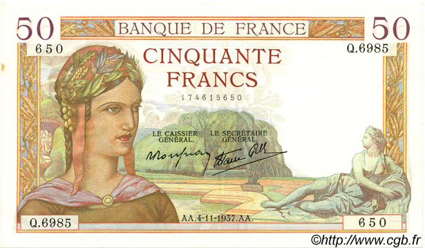 50 Francs CÉRÈS modifié FRANKREICH  1937 F.18.04 VZ to fST