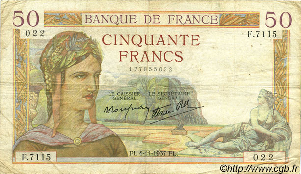 50 Francs CÉRÈS modifié FRANKREICH  1937 F.18.04 fS