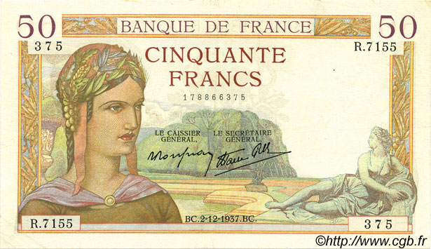 50 Francs CÉRÈS modifié FRANKREICH  1937 F.18.05 fVZ
